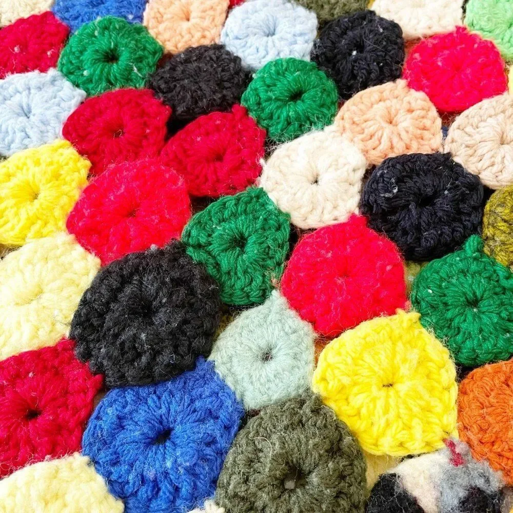 Vintage Afghan Blanket 55 x 36.5 Yo-Yo Puff Fringe Rainbow Colored Crochet Throw